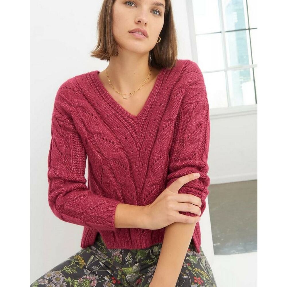 Anthropologie Sweater Women’s Small Pink Ramona Cable-Knit V-Neck Fall Classic‎